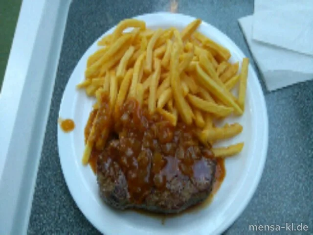 Argentinisches Rumpsteak (R) mit Schmorzwiebeln (Gl,Sf) und Pommes frites