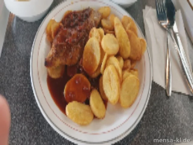Truthahnsteak Down Under (G) mit Granatapfel-Soße (Sf), Pommes-Chips und Salat