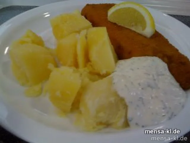 Gebackenes Merlanfilet mit Joghurt-Dill-Dip, Dampfkartoffeln und Salat