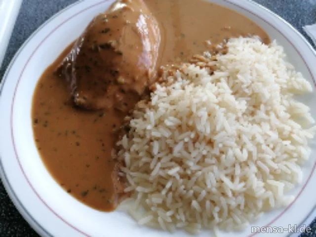 Truthahnfilet (G) mit Kräuter-Rahmsoße (Gl,La,Sf), Reis und Salat