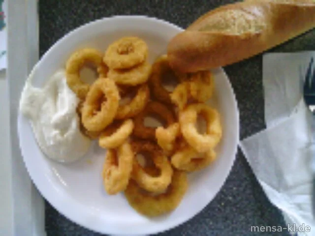 Gebackene Calamaresringe (F) mit Limonen-Dip (1) und Baguette
