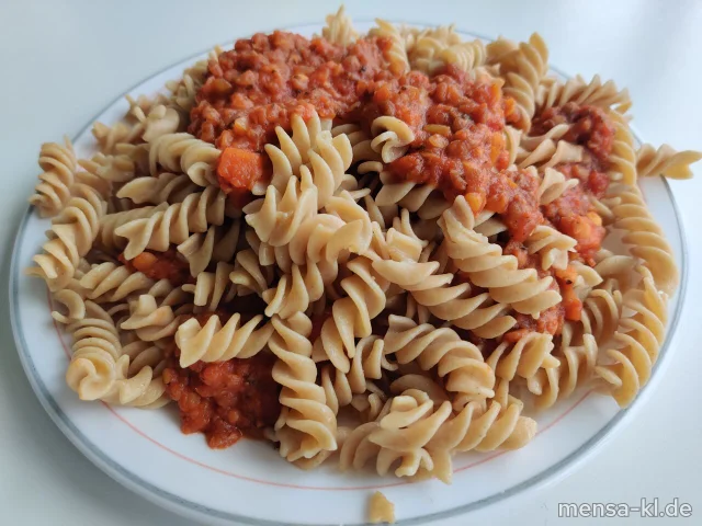 Vollkorn-Fusilli mit Linsenbolognese (1,Sl,Sf), dazu einen Beilagensalat nach Wahl