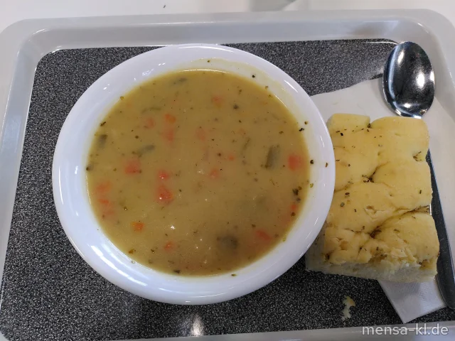 Kartoffelsuppe (1,5,La,Sw,Sl,Sf), dazu eine Scheibe Brot (Gl)