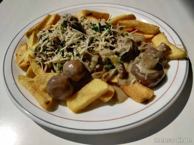 Große Portion Steakhouse-Fries mit einer Soße aus verschiedenen Pilzen (Gl,So), veganer Mozzarella (1), Petersilie und Salat