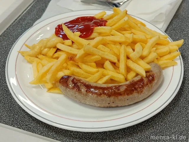BIO Bratwurst (Ei,R,S) mit Pommes frites und einen Beilagensalat nach Wahl