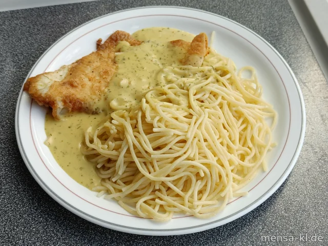 Gegrilltes Schollenfilet (Fi,Gl) mit Limetten-Dill-Soße (Gl,La), Spaghetti (1,Gl) und einen Beilagensalat nach Wahl