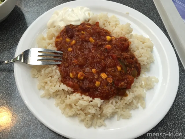 Chili-Con-Carne (Gl,La,Sl,So,R) mit Sour-Cream-Dip (9,Gl,Ei,La,So), Reis und Salat