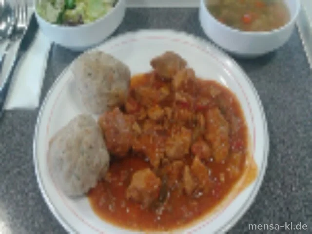 Ungarisches Schweinegulasch (Gl,S) mit Semmelknödel (Gl,Ei,La) und Salat