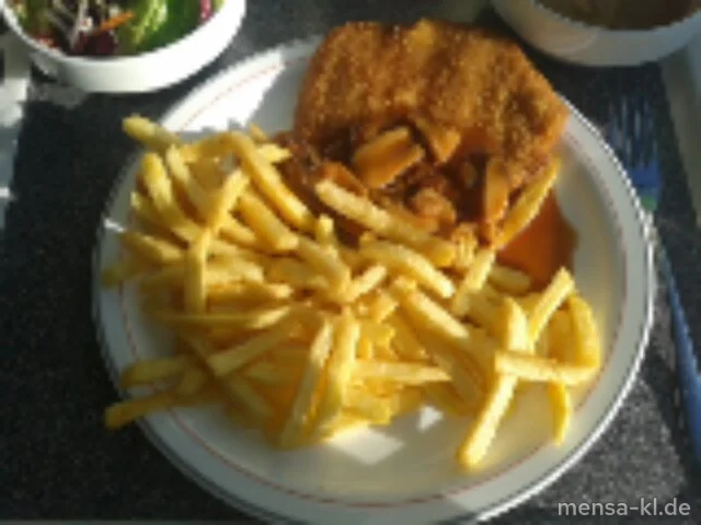 Paniertes Schweineschnitzel 'Jäger Art' (3,S,A) mit Pommes frites und Salat