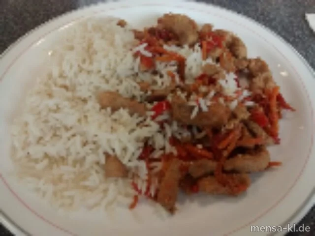 Gebratene Schweinefleischstreifen mit Ananas, Spitzpaprika und Karotten (Gl,So,S), Reis