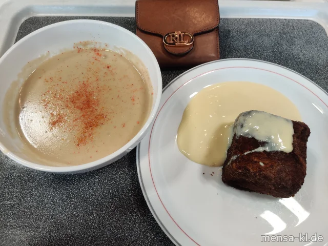 Kastaniencremesuppe (1,Gl,La,Sf), dazu Rostige Ritter (1,Gl,Ei,La,So) mit Vanillesoße (La)