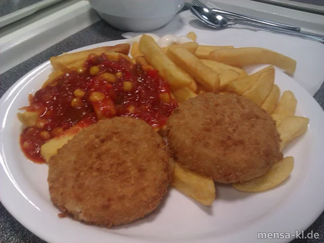 Gebackener Hirtenkäse, Pusztasoße (9), Pommes-Frites und Krautsalat