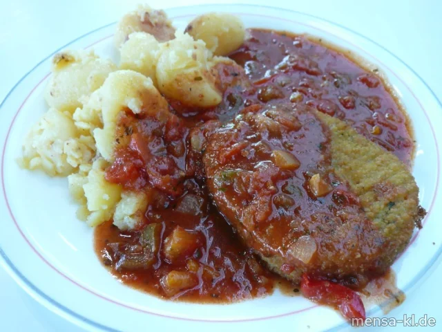 Gemüseschnitzel (Gl,Ei,La,Sl,V) mit Paprika-Tomatensoße (Gl,V), Pellissimo (V) und Salat (V)