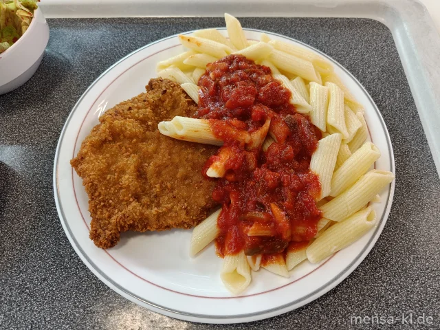 Paniertes Schweineschnitzel (Gl,S) mit Paprika-Tomatensoße, Penne Rigate (1,Gl) und Salat