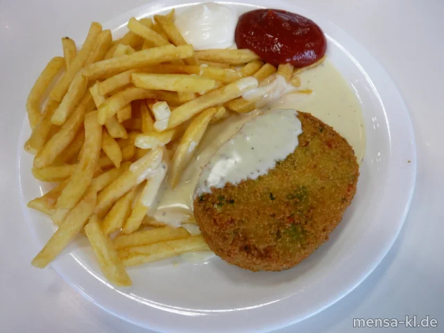 Gemüseschnitzel (Gl,Ei,La,Sl,V) mit Frischkäsekräutersoße (2,Gl,Ei,La,Gt,V), Pommes frites (V) und Salat (V)