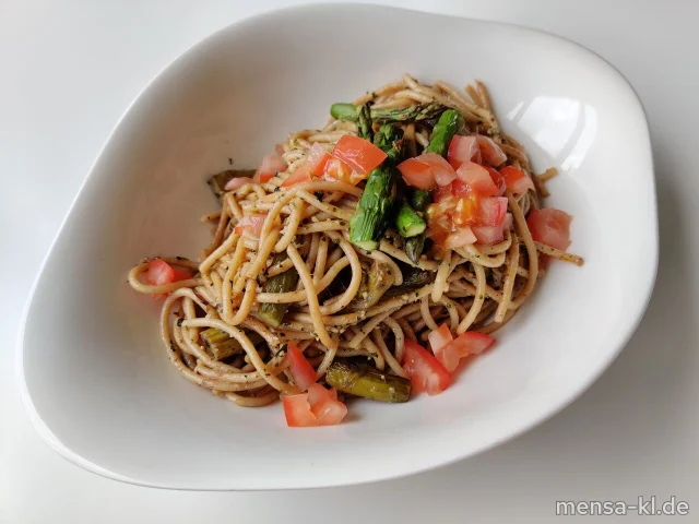 Prima Pasta: Vollkornspaghetti (V) mit grünem Spargel (V) und Pesto (2,Nu,Ei,La,V)