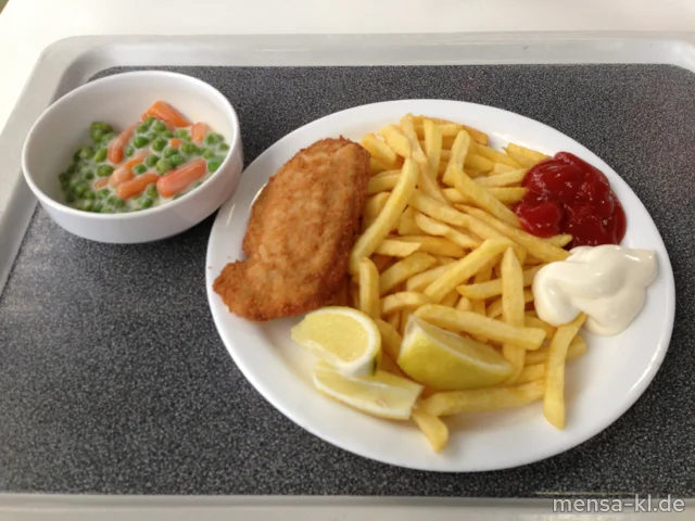 Cordon bleu mit Schinken und Käse gefüllt (1,2,3,S), Pommes-Frites und Erbsen-Karotten-Gemüse