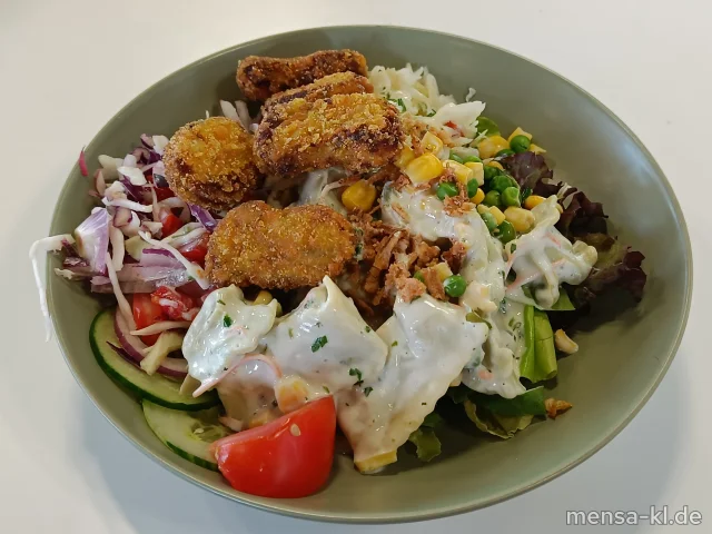 Bowl mit Gurken, Karotten, Tomaten, Kraut, Tortellinisalat (1,5,Gl,Nu,Sw,Sl,Sf,So) und Gemüse-Nuggets (Gl,Ei,La,Sl) (Vegane Bowl[1]: und Knusperkroketten) (Gl,Sl), dazu Kräuter-Dressing (1,5,La,Sw)