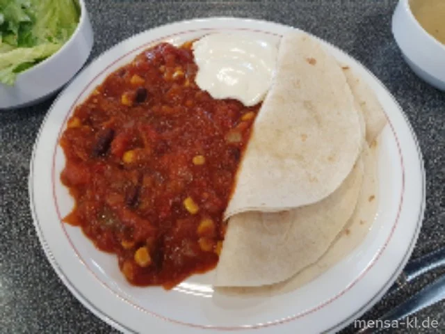 Gemüse-Chili mit Sour-Cream-Dip (1,9,Gl,Ei,La,Sf,V), Tortilla-Chips (2,Gl,V) und Salat (V)