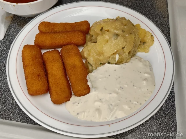 Fischstäbchen (Fi,Gl) mit Remouladen-Dip (1,9,Gl,Ei,La,Sf), Kartoffelsalat (1,3,5,Ei,La,Sw,Sf) und Salat