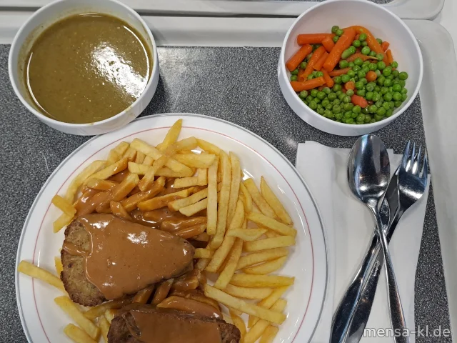Broccoli-Nussecke (Gl,Nu,Ei,La) mit Rahmsoße (Gl,La), Pommes frites (Gl) und Erbsen-Karotten-Gemüse (La)