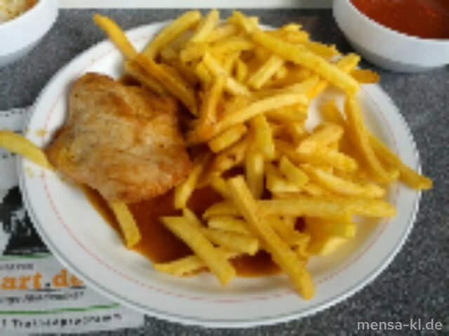 Truthahnsteak (G) 'Down Under' mit Honig-Senfsoße, Pommes-Frites und Salat