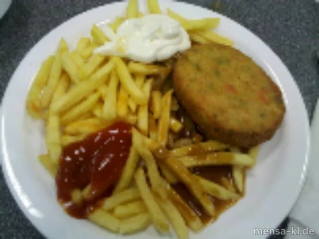 Paniertes Schweineschnitzel 'Jäger Art' (3,S,A) mit Pommes frites (Lfrei) und Salat (Lfrei)