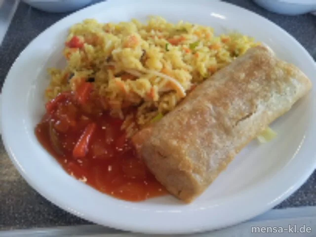 Frühlingsrolle (V), süß-saurer Dip (V), Gemüse-Reis (V) und Salat (V)