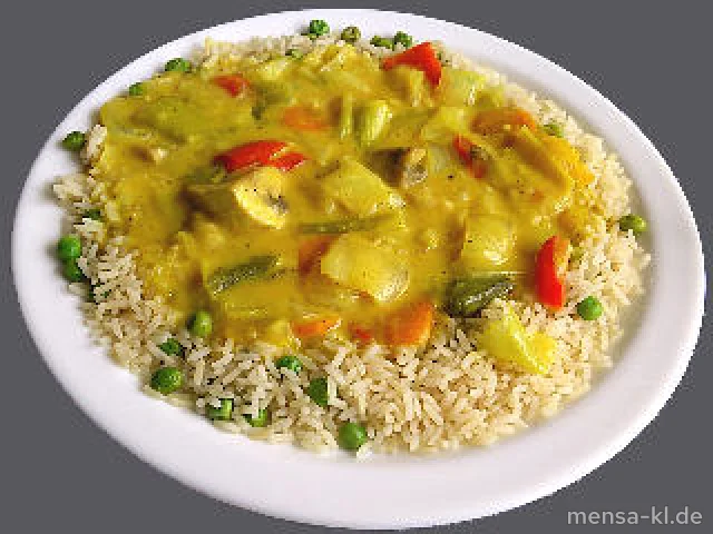 Frisches Gemüse (V) in Curry-Rahm (V,A), Reis mit Erbsen (V), dazu Salat (V)