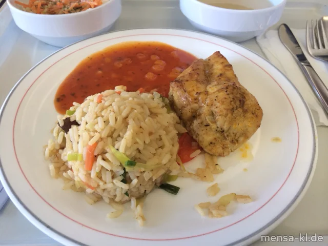 Hähnchenbrustfilet süß-sauer (1,G,Lfrei) mit Gemüsereis (Lfrei) und Salat (Lfrei)