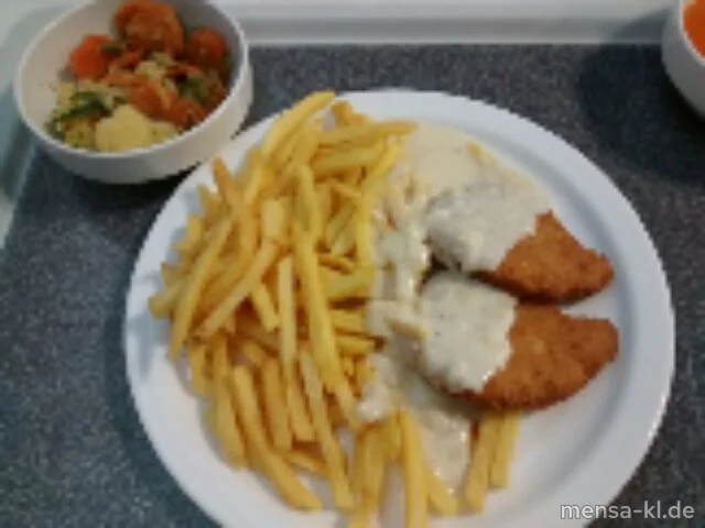Schnitzel "Valess" (Gl,Ei,La,V) mit Zwiebel-Sahnesoße (Gl,La,V), Pommes frites (V) und Kaisergemüse (Gl,La,V)