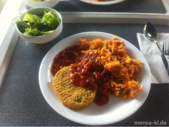Gemüsekrustie (1,2,3,V,Lfrei,V+) mit Pusztasoße (9,V,Lfrei,V+), Djuvec-Reis (V,Lfrei,V+) und Salat (V,Lfrei,V+) | Laktosefrei | Vegan