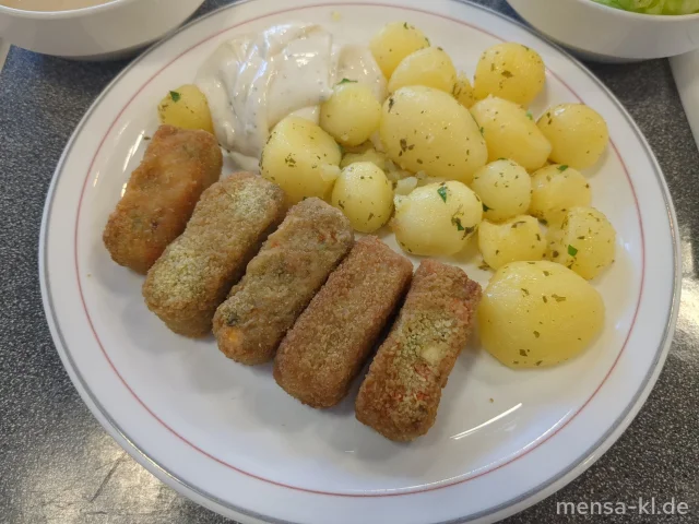 Gemüse-Kroketten (Gl,Sl) mit Kräuter-Dip (9,Gl,Nu,Sf), Petersilienkartoffeln (1) und Salat (Gl)