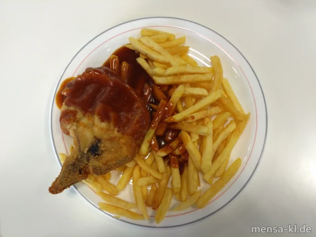Paniertes Schweinekotelett (Gl,S) mit Bratensoße (Gl), Pommes frites und Erbsen-Karotten-Gemüse (La)