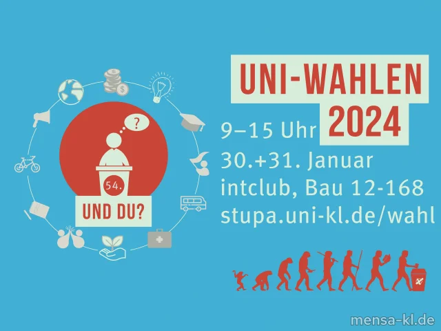 Am Dienstag und Mittwoch finden die <a href="https://www.stupa.uni-kl.de/wahlen">Wahlen für Studierendenparlament (StuPa), Senat und Fachbereichsräte</a> statt. Gebäude 12, Raum 168, IntClub, 9-15 Uhr. <a href="https://www.stupa.uni-kl.de/wahlen/wahlvorschlaege">Siehe Wahlvorschläge auf stupa.uni-kl.de.</a>