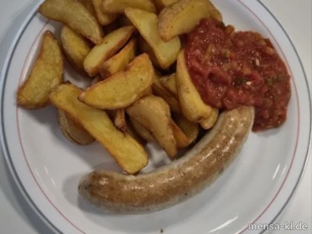 Chili Cheese Bratwurst (8,La,S,K) mit Salsa-Dip, Potato-Wedges und einen Beilagensalat nach Wahl