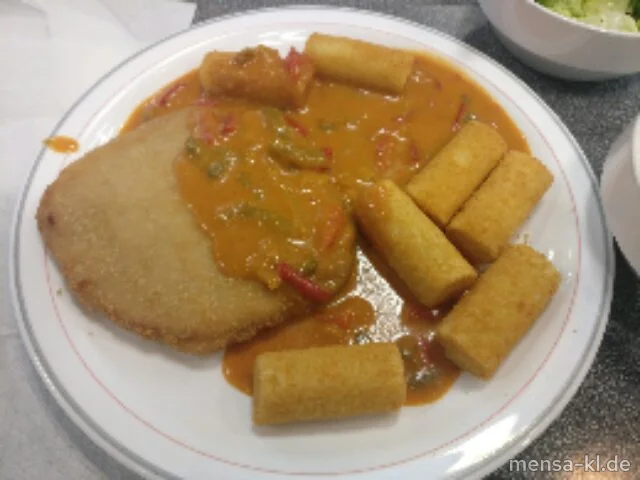 Paniertes Schweineschnitzel (Gl,S) mit Paprikasoße (Gl,La), Kroketten (Gl) und Salat