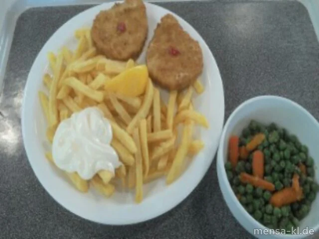 "Valess"-Schnitzel (Gl,Ei,La,V)mit Pommes frites (V) und Erbsen-Karotten-Gemüse (1,Gl,La,V)