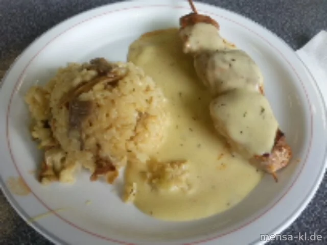 Schweinelendespieß (4,S) mit Thymiansahnesoße und Pilzrisotto (A)