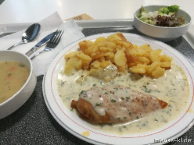 Hähnchenbrustfilet (G) mit Kräuter-Rahmsoße (Gl,La), Butterkartoffeln (La) und Wintergemüse (Gl,La)