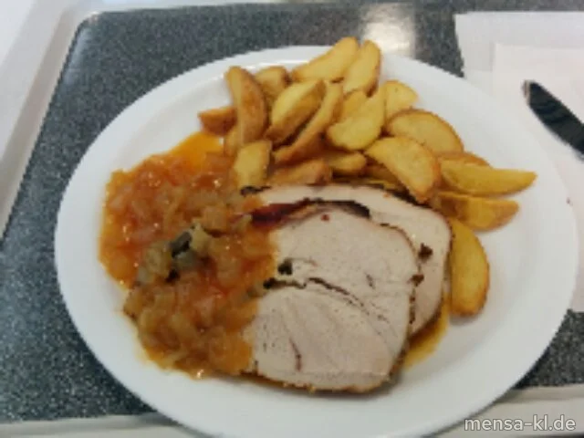 Honey Turkey (Sf,G) mit Honig-Zwiebel-Chutney (Sf,G) und Potato-Wedges