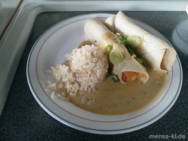 Enchilada mit Gemüsefüllung (1,Gl,Sf,So), Reis, Salsa verde und ein Beilagensalat nach Wahl
