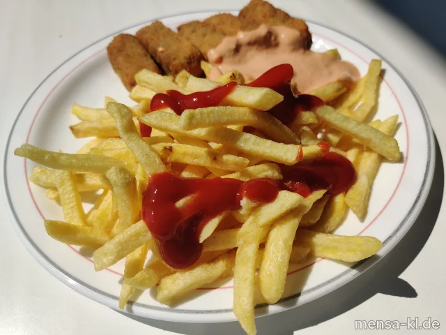 Gemüsekroketten (Gl,Sl) mit Cocktail-Dip (5,Sw,Sl,Sf), Pommes-frites (Gl) und Salat