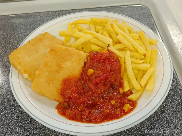 Gebackener griechischer Hirtenkäse (Gl,La) mit Pusztasoße (9,Sl), Pommes frites und Salat