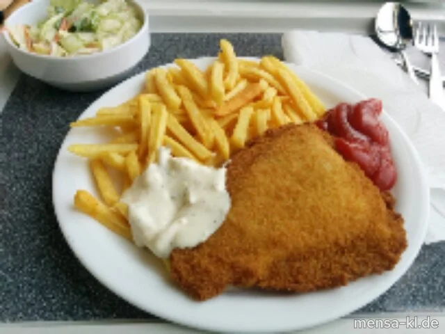 Paniertes Schollenfilet (Fi,Gl) mit Joghurt-Remoulade (9,Gl,Ei,La,Sf,So), Pommes frites und Salat