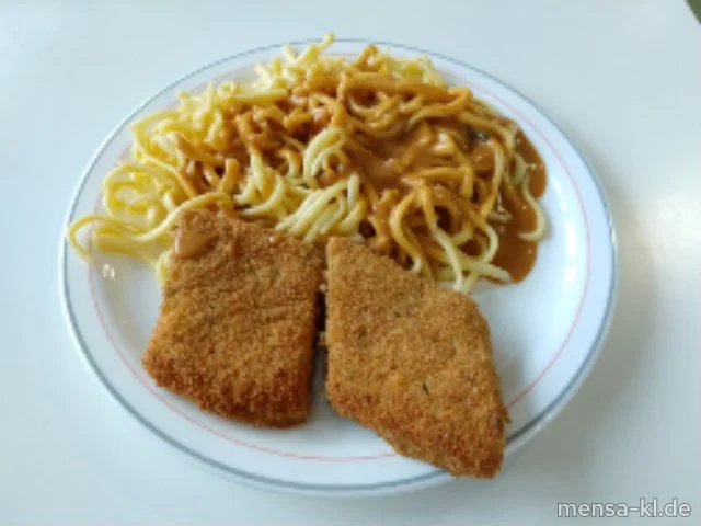Hirse-Käse-Schnitte (Gl,Ei,La,Sl,V) mit Rahmsoße (Gl,La,V), Spätzle (1,Gl,Ei,V) und Salat (V)