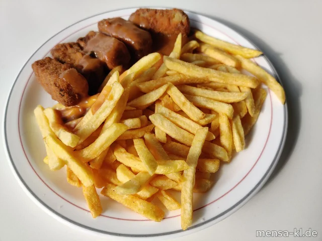 Gemüsekroketten (Gl,Sl) mit Pfeffersoße (Gl), Pommes frites und Salat
