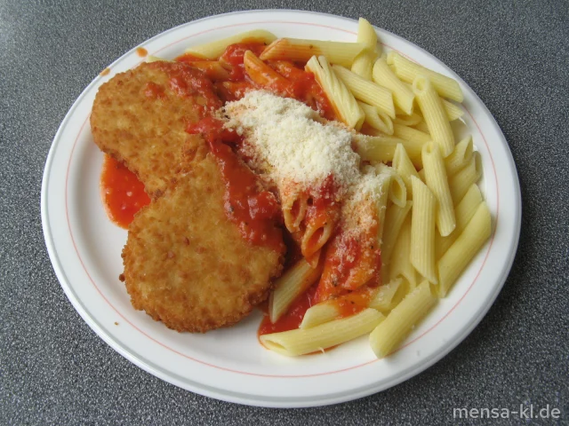 Schnitzel Valess 'Mailänder Art' (V) mit Rigatoni (V), Grana Padano (2,V) und Salat (V)