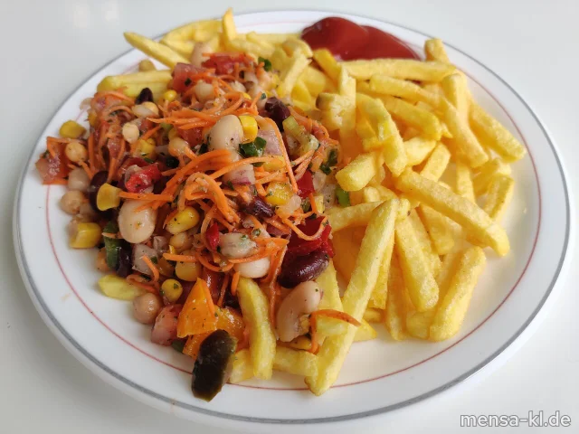 Bunter Gemüsesalat (1,3,5,Sw,Sf) mit Pommes frites und Salat