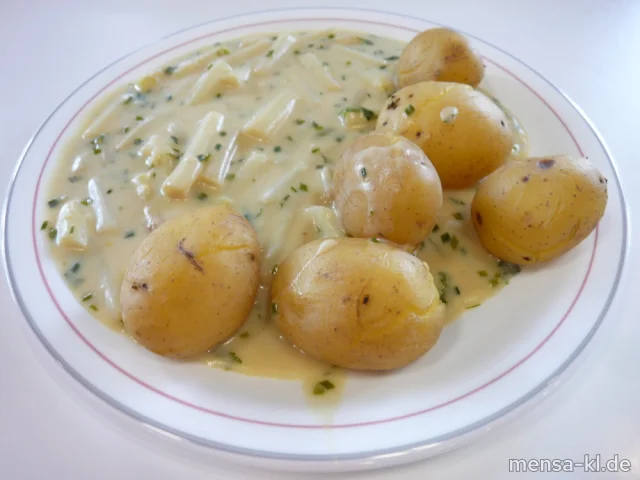Pfälzer Spargel mit Sauce Hollandaise (1,So,V,V+) und Frühkartoffeln (V,V+), dazu Salat (V,V+)